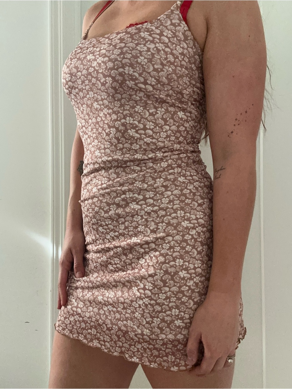 Spaghetti Strap mushroom Slip Dress in Brown and White